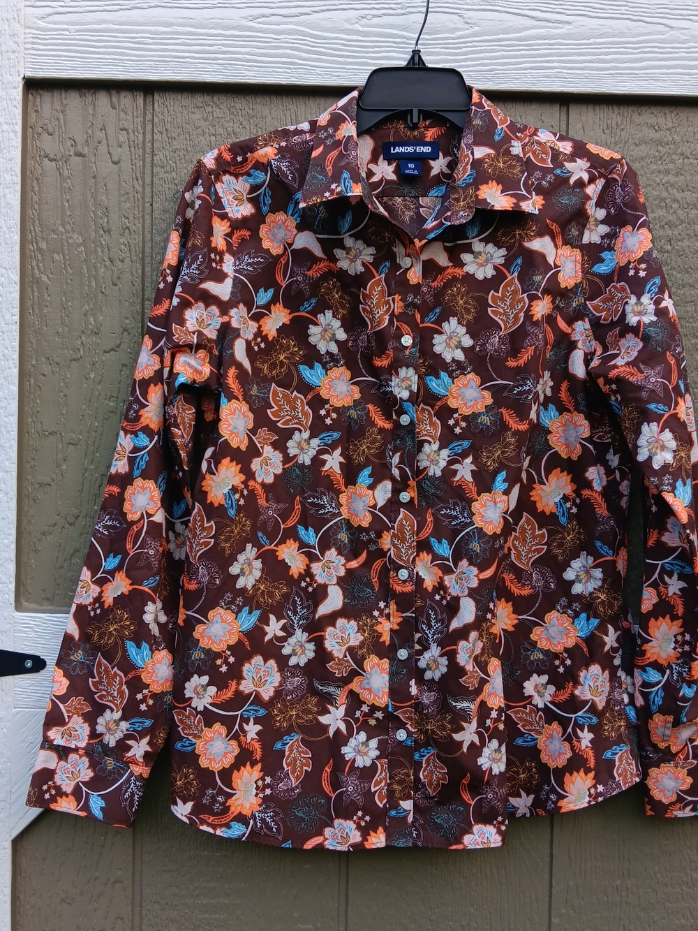 Lands' End Women's Brown Floral Button-Down Shirt with Orange & Blue Accents 10